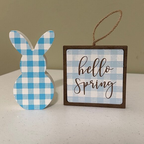 Small HELLO SPRING wood sign AND Easter Bunny Buffalo plaid spring tiered tray - Picture 1 of 16